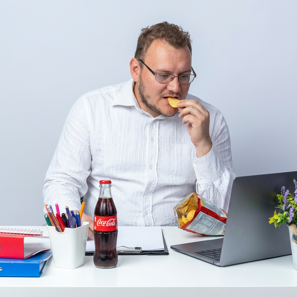 Executive at a desk with soft drinks