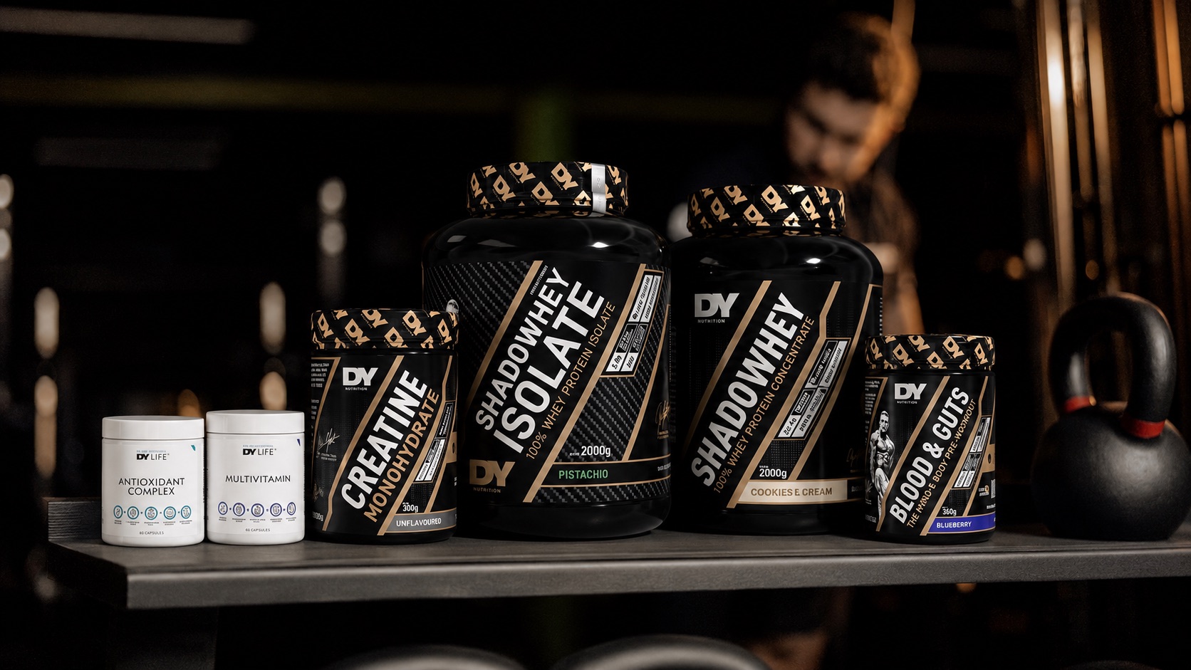 The DY Nutrition range including Shadowhey Concentrate, Creatine Monohydrate and Blood & Guts pre-workout
