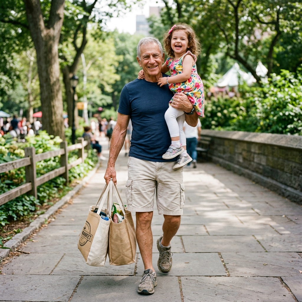 Man in his seventies carrying his granddaughter and shopping bags through a park