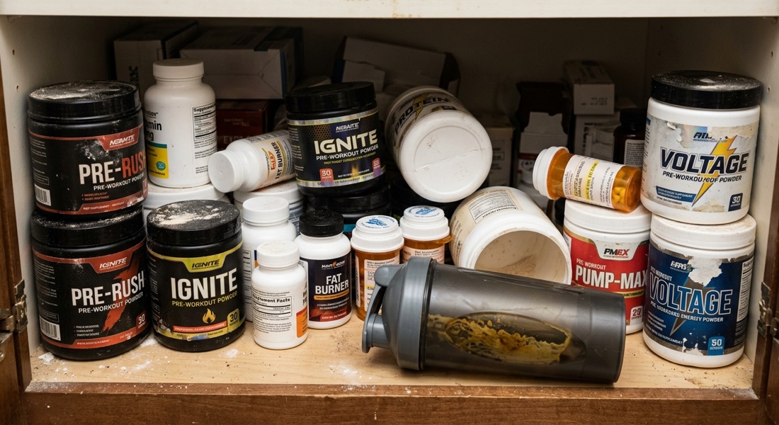 A cupboard crammed with half-used fat burners, pre-workouts and pill bottles